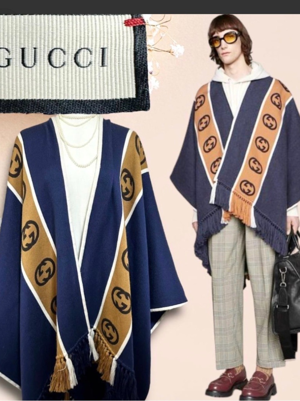 Gucci Slate & Camel Logo-Trim Open Front Poncho - Picture 9 of 12